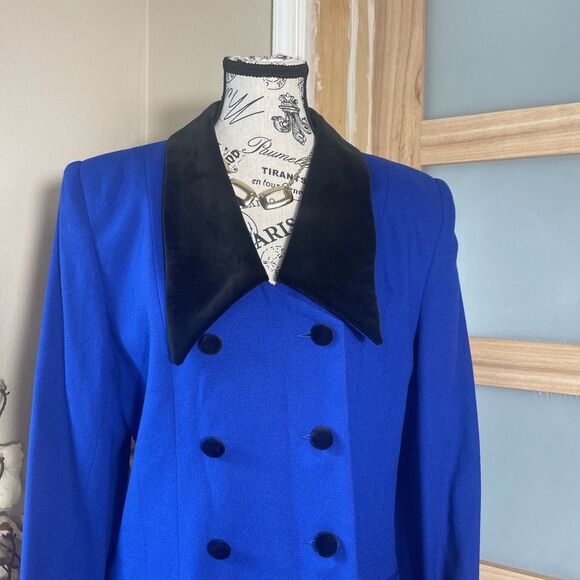 SUITSME Wool Blend Blazer Womens 12 Blue Velvet Collar Vintage Career Jacket - Picture 2 of 9
